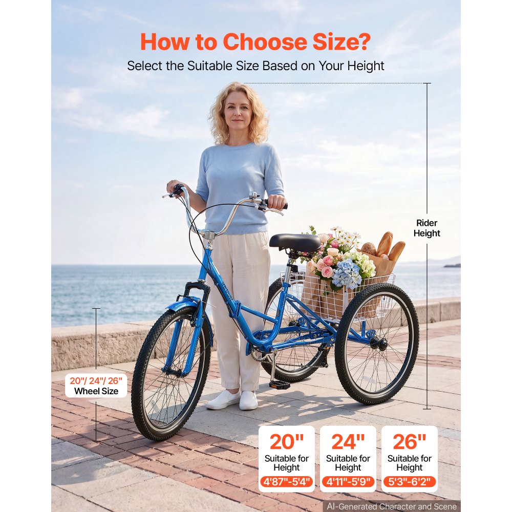 VEVOR Folding Adult Tricycle 24 inch 7 Speed Foldable Trikes for Adult, 3 Wheel Cruiser Bike w/ Cargo Basket, Adjustable Seat, Double-Wall Wheel Rims, Shopping Picnic Tricycles for Women, Men, Senior