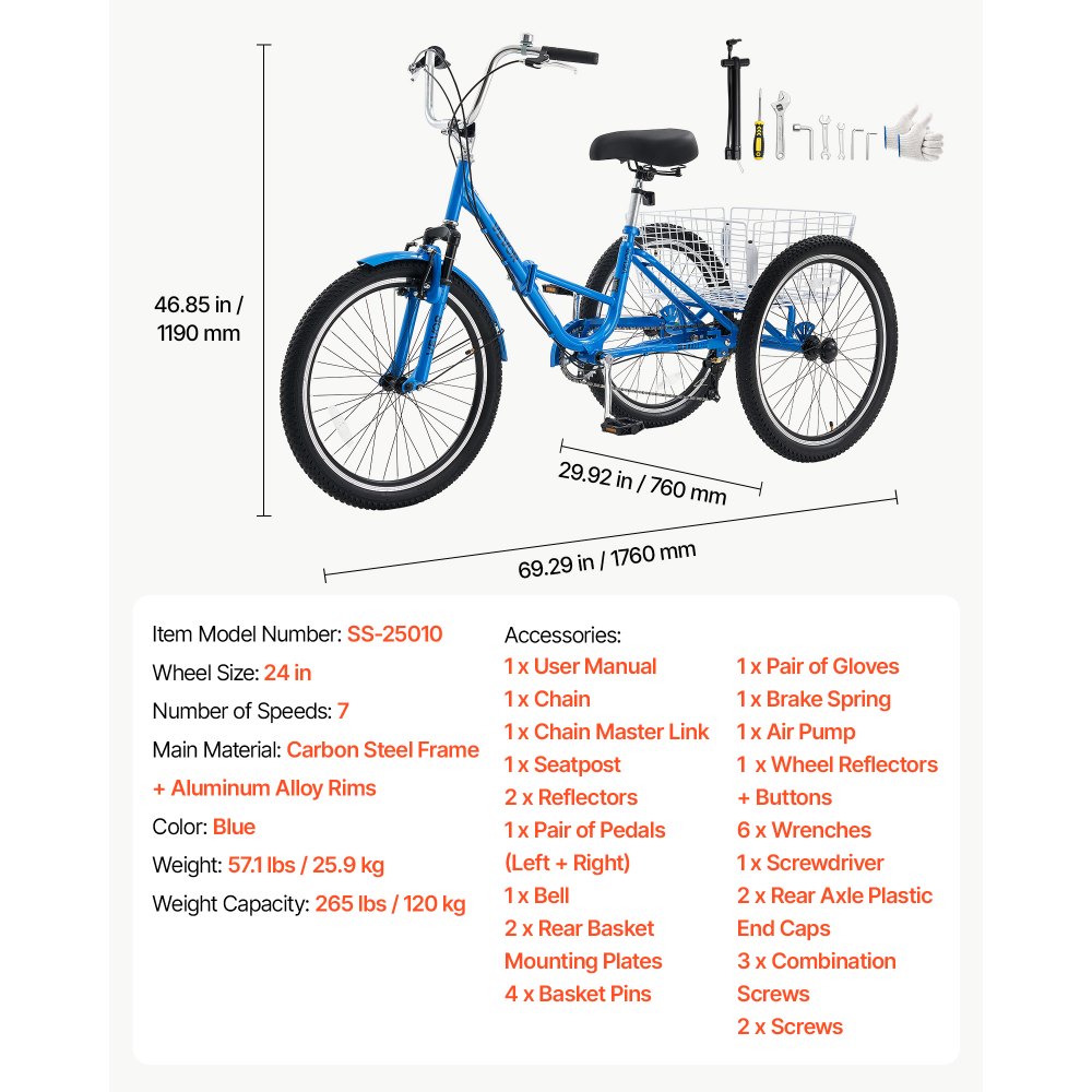 VEVOR Folding Adult Tricycle 24 inch 7 Speed Foldable Trikes for Adult, 3 Wheel Cruiser Bike w/ Cargo Basket, Adjustable Seat, Double-Wall Wheel Rims, Shopping Picnic Tricycles for Women, Men, Senior