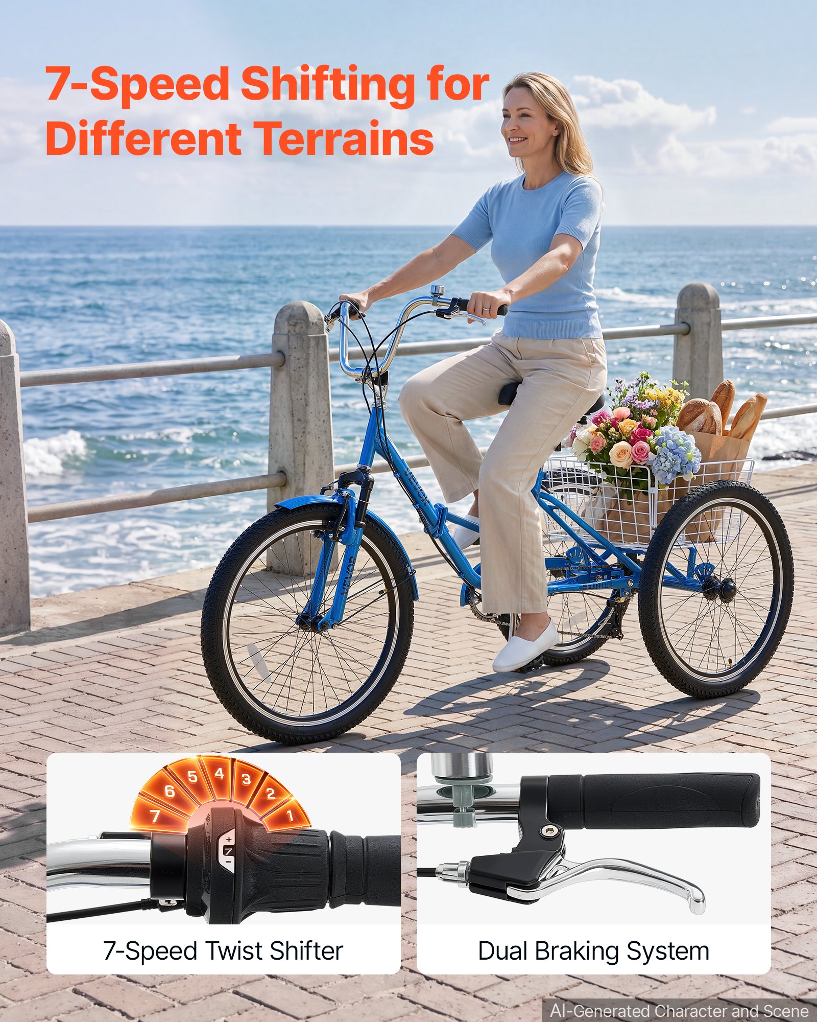 VEVOR Folding Adult Tricycle 24 inch 7 Speed Foldable Trikes for Adult, 3 Wheel Cruiser Bike w/ Cargo Basket, Adjustable Seat, Double-Wall Wheel Rims, Shopping Picnic Tricycles for Women, Men, Senior
