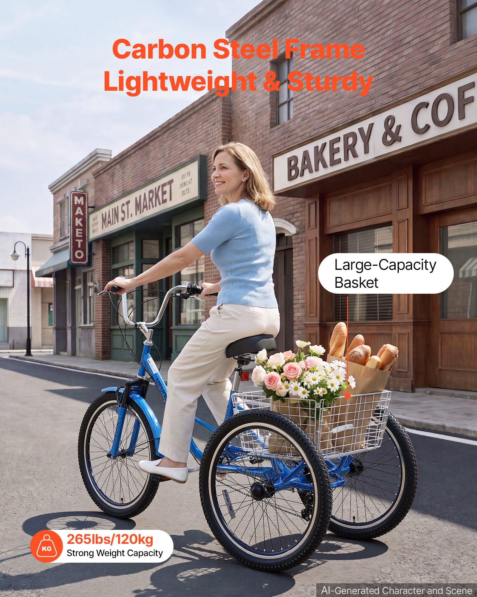 VEVOR Folding Adult Tricycle 24 inch 7 Speed Foldable Trikes for Adult, 3 Wheel Cruiser Bike w/ Cargo Basket, Adjustable Seat, Double-Wall Wheel Rims, Shopping Picnic Tricycles for Women, Men, Senior