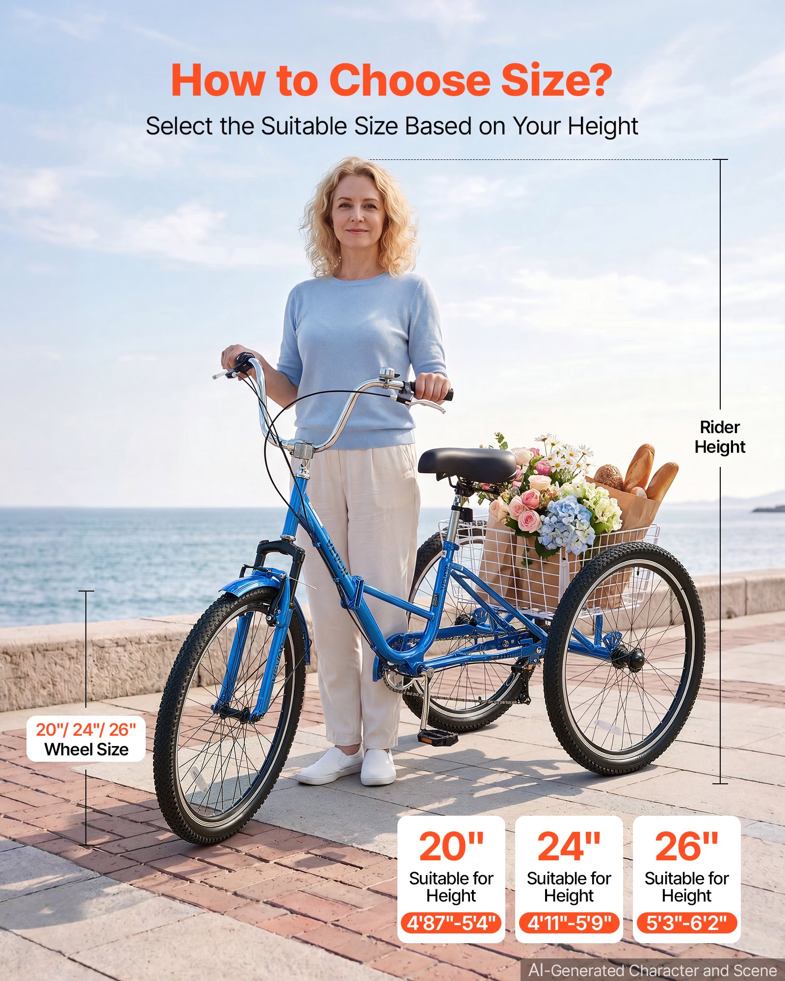 VEVOR Folding Adult Tricycle 24 inch 7 Speed Foldable Trikes for Adult, 3 Wheel Cruiser Bike w/ Cargo Basket, Adjustable Seat, Double-Wall Wheel Rims, Shopping Picnic Tricycles for Women, Men, Senior