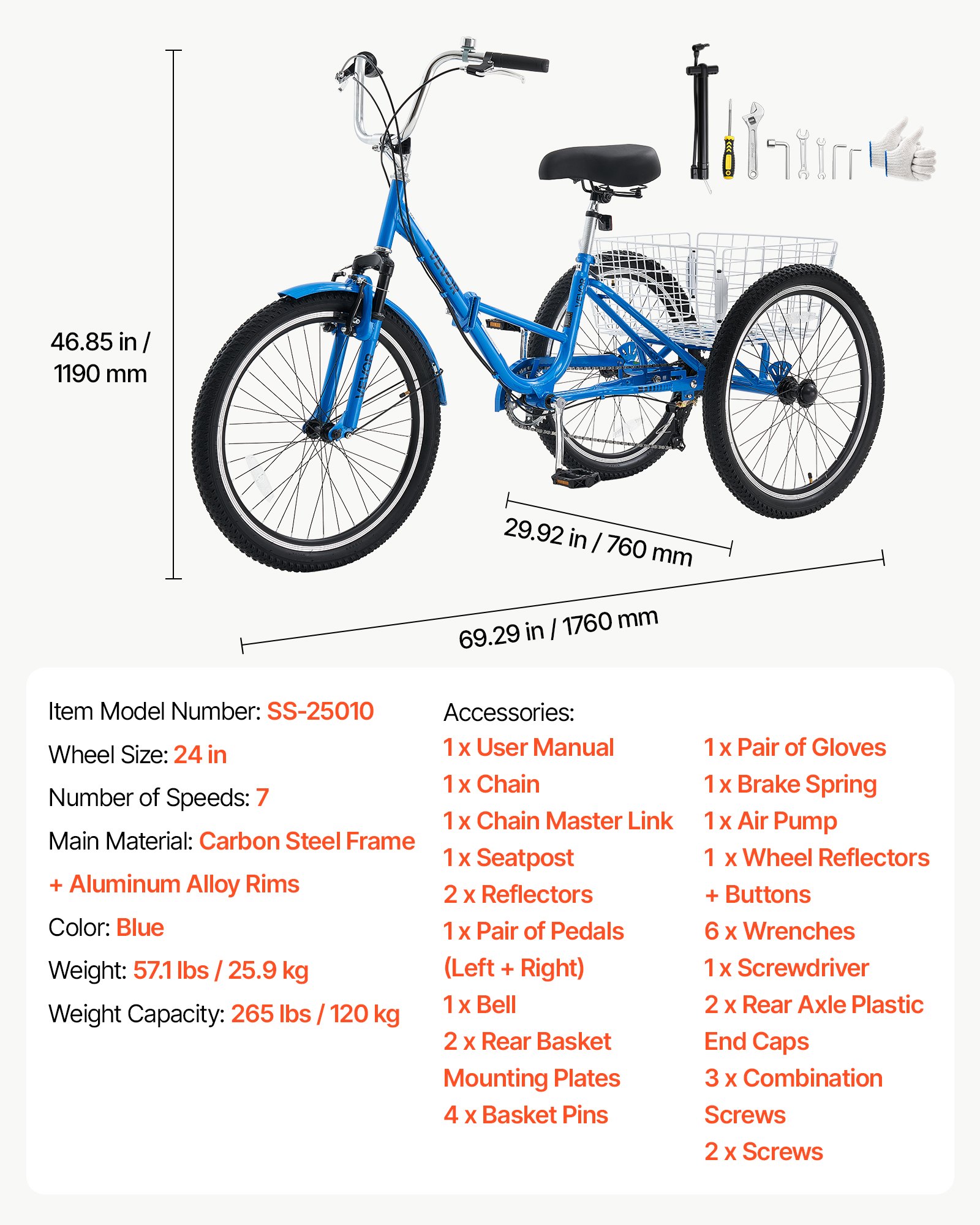 VEVOR Folding Adult Tricycle 24 inch 7 Speed Foldable Trikes for Adult, 3 Wheel Cruiser Bike w/ Cargo Basket, Adjustable Seat, Double-Wall Wheel Rims, Shopping Picnic Tricycles for Women, Men, Senior