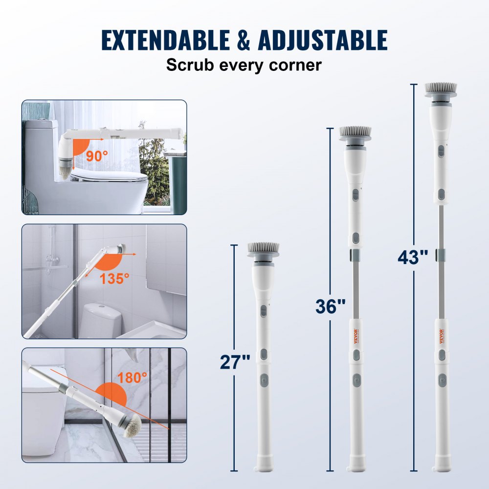VEVOR Electric Spin Scrubber, Cordless Cleaning Brush with 2 Adjustable Speeds and Extendable Long Handle, 1.5H Runtime Power Shower Scrubber with 4 Replaceable Brush Heads for Bathroom, Tub, Tile