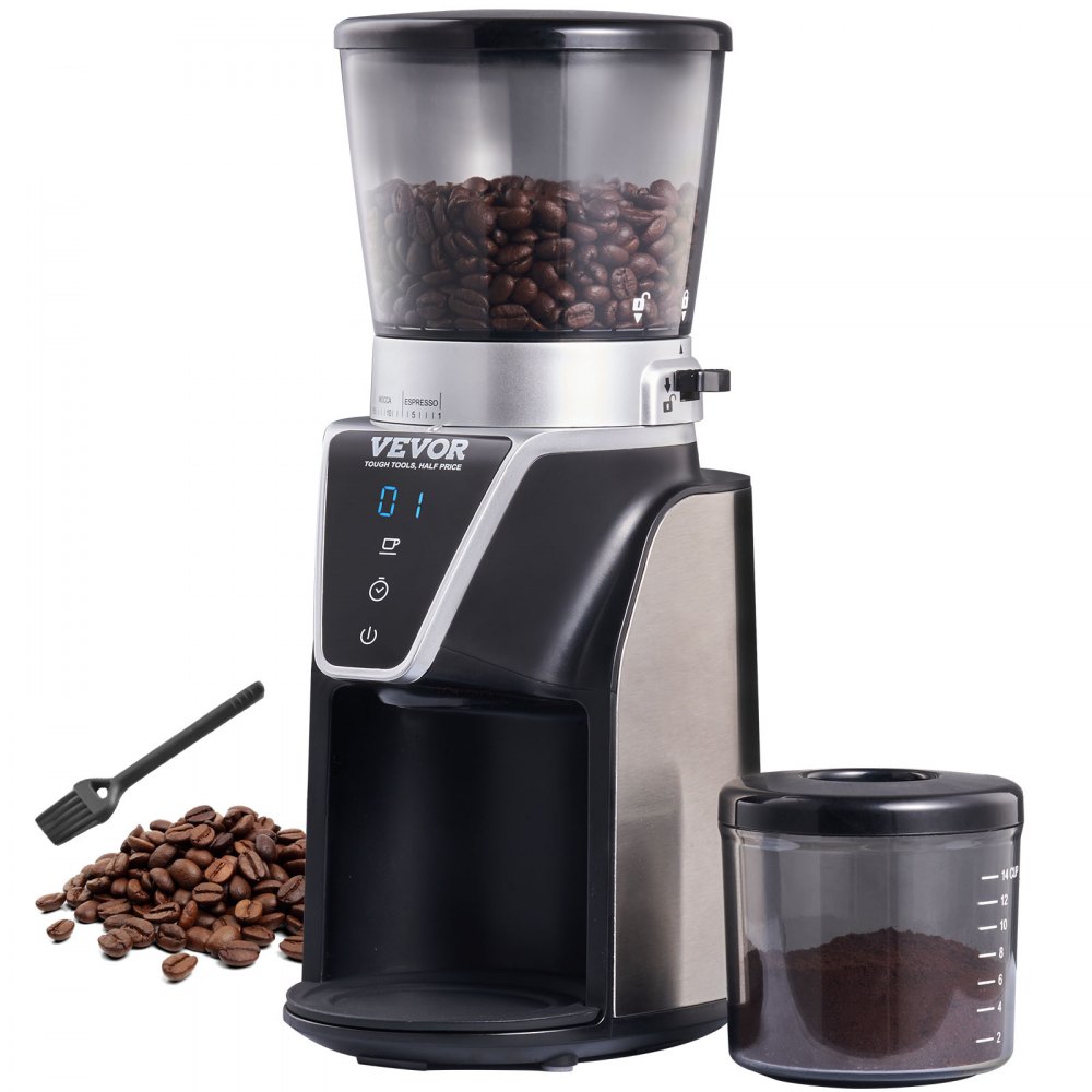 VEVOR burr coffee grinder with beans in hopper, digital display, ground container, and cleaning brush.