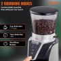 VEVOR burr coffee grinder with cup and time selection, start/stop button, and 2 grinding modes.