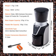 Molinillo cónico VEVOR, molinillo eléctrico ajustable con 51 configuraciones de molienda precisas, molinillo de café de 9,7 onzas y 13 tazas, perfecto para goteo, moca, café a mano, prensa francesa, espresso, plateado