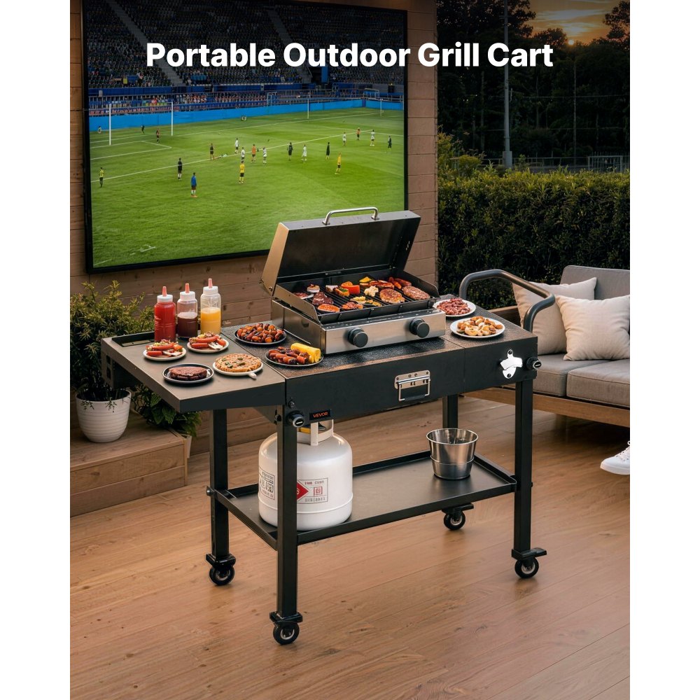 VEVOR Outdoor Grill Cart, 31.0 x 17.0 inch Tabletop Size Grilling Table, Foldable Outdoor Cooking Table with Tissue Holder, Hooks, Wheels, Side Table, BBQ Prep Tables for Picnic, Kitchen, Courtyard