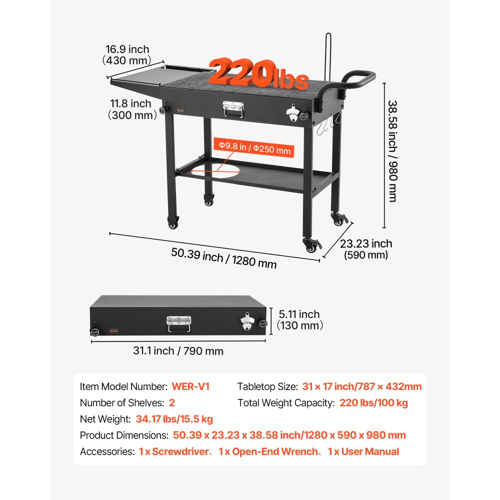 VEVOR Outdoor Grill Cart, 31.0 x 17.0 inch Tabletop Size Grilling Table, Foldable Outdoor Cooking Table with Tissue Holder, Hooks, Wheels, Side Table, BBQ Prep Tables for Picnic, Kitchen, Courtyard