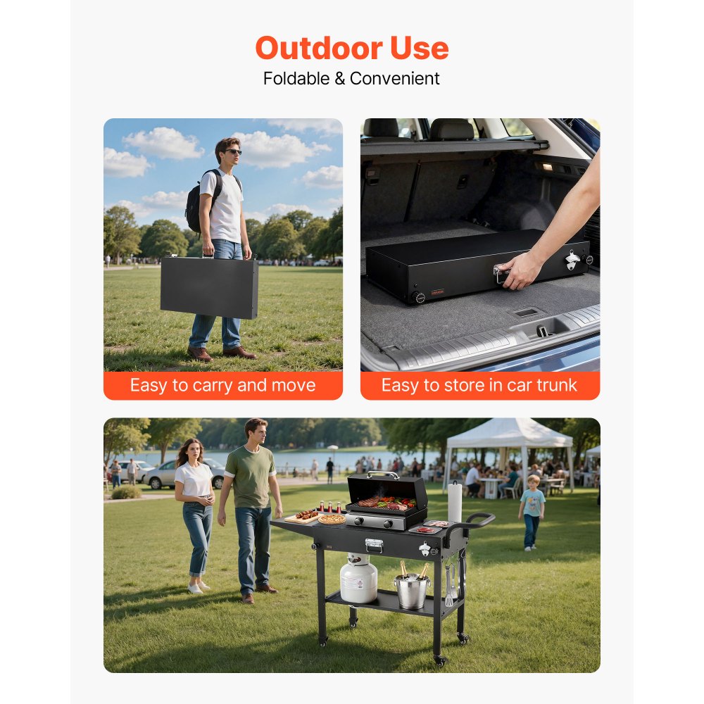 VEVOR Outdoor Grill Cart, 31.0 x 17.0 inch Tabletop Size Grilling Table, Foldable Outdoor Cooking Table with Tissue Holder, Hooks, Wheels, Side Table, BBQ Prep Tables for Picnic, Kitchen, Courtyard