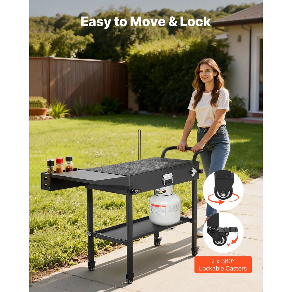 VEVOR Outdoor Grill Cart, 31.0 x 17.0 inch Tabletop Size Grilling Table, Foldable Outdoor Cooking Table with Tissue Holder, Hooks, Wheels, Side Table, BBQ Prep Tables for Picnic, Kitchen, Courtyard