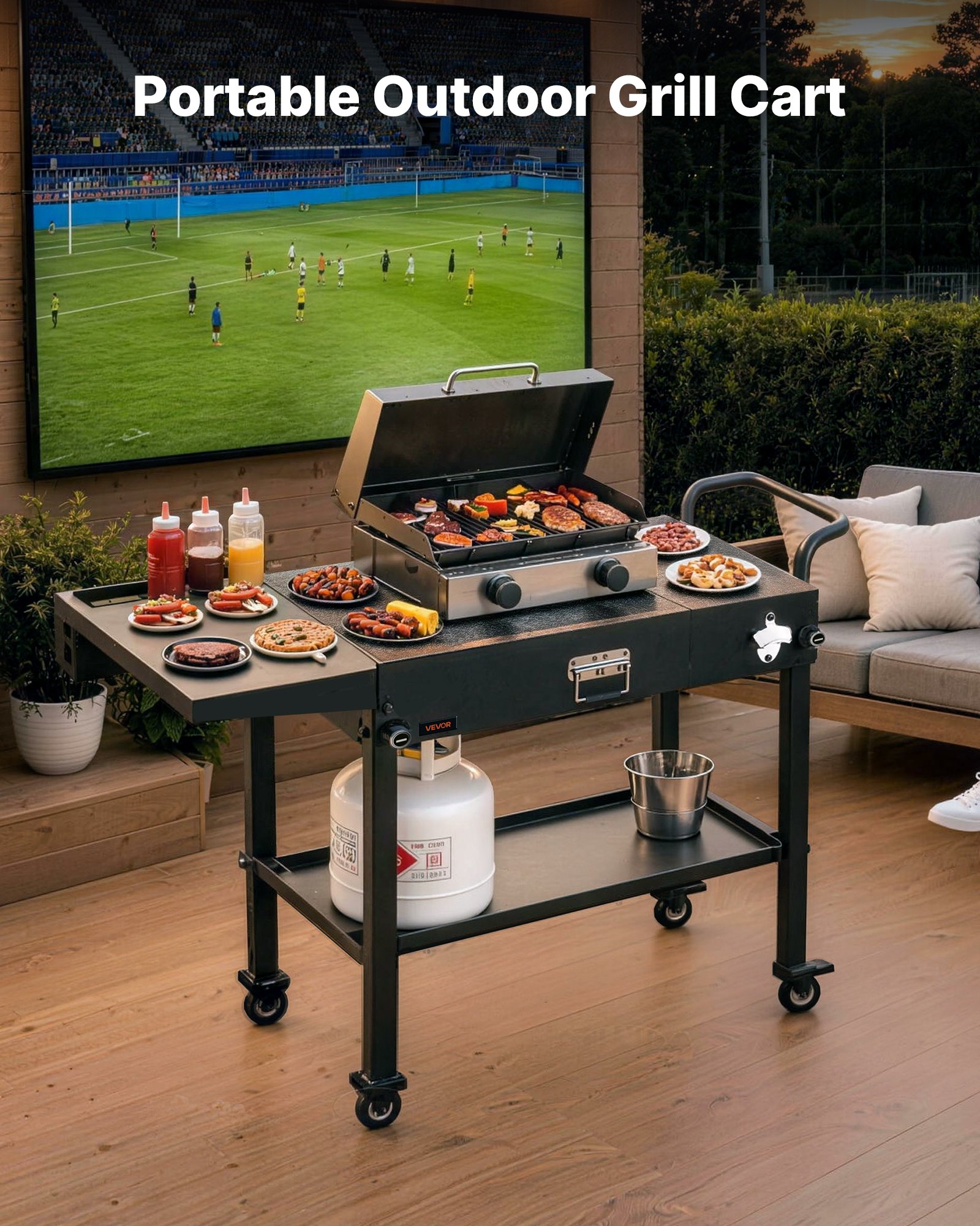 VEVOR Outdoor Grill Cart, 31.0 x 17.0 inch Tabletop Size Grilling Table, Foldable Outdoor Cooking Table with Tissue Holder, Hooks, Wheels, Side Table, BBQ Prep Tables for Picnic, Kitchen, Courtyard
