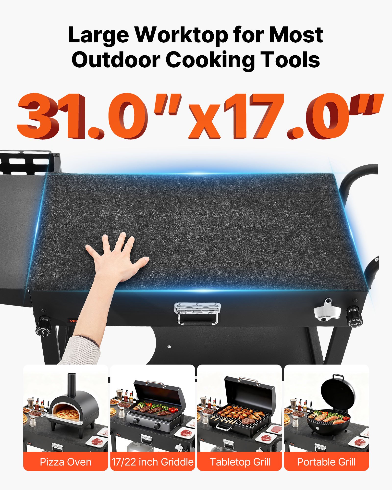 VEVOR Outdoor Grill Cart, 31.0 x 17.0 inch Tabletop Size Grilling Table, Foldable Outdoor Cooking Table with Tissue Holder, Hooks, Wheels, Side Table, BBQ Prep Tables for Picnic, Kitchen, Courtyard