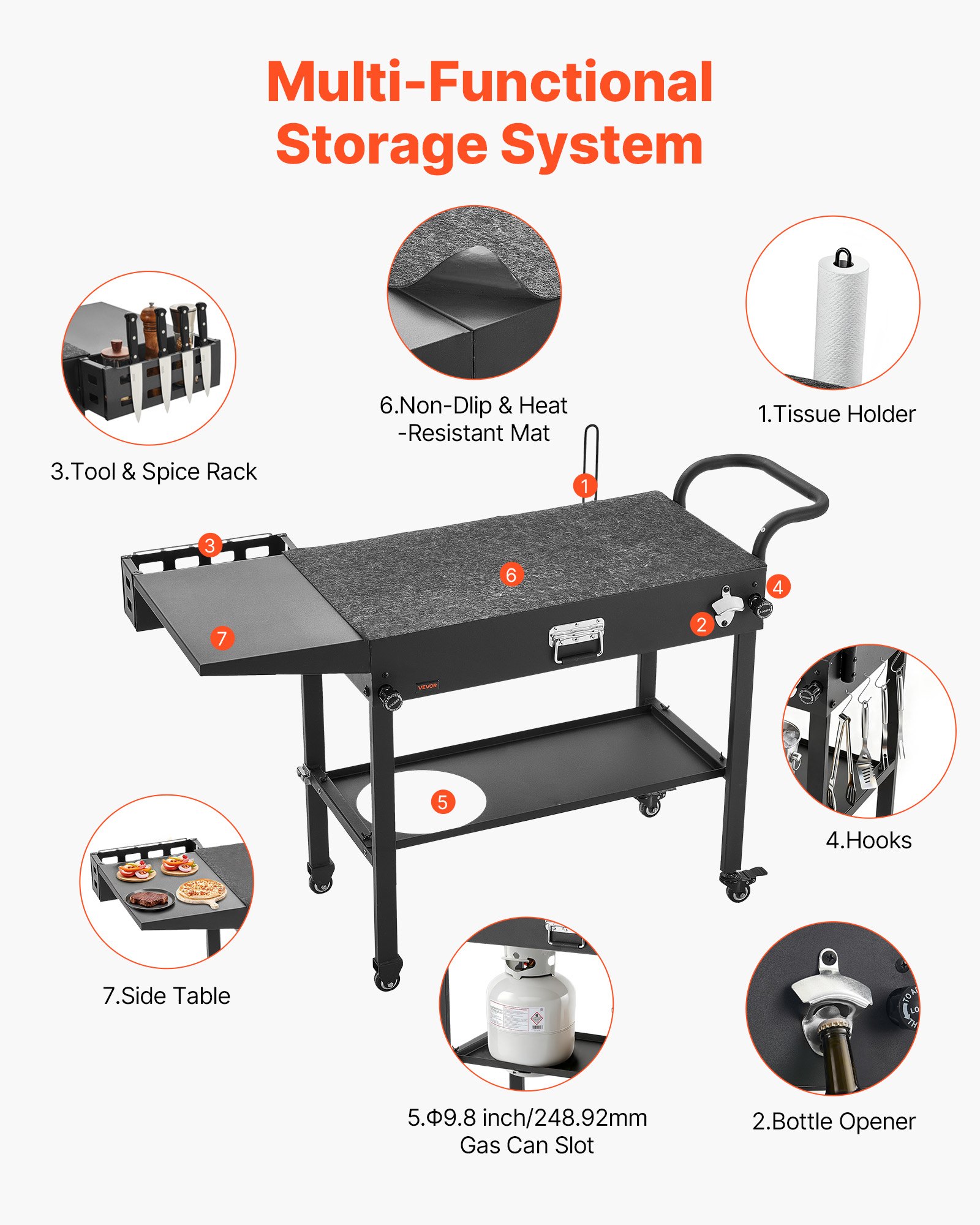 VEVOR Outdoor Grill Cart, 31.0 x 17.0 inch Tabletop Size Grilling Table, Foldable Outdoor Cooking Table with Tissue Holder, Hooks, Wheels, Side Table, BBQ Prep Tables for Picnic, Kitchen, Courtyard