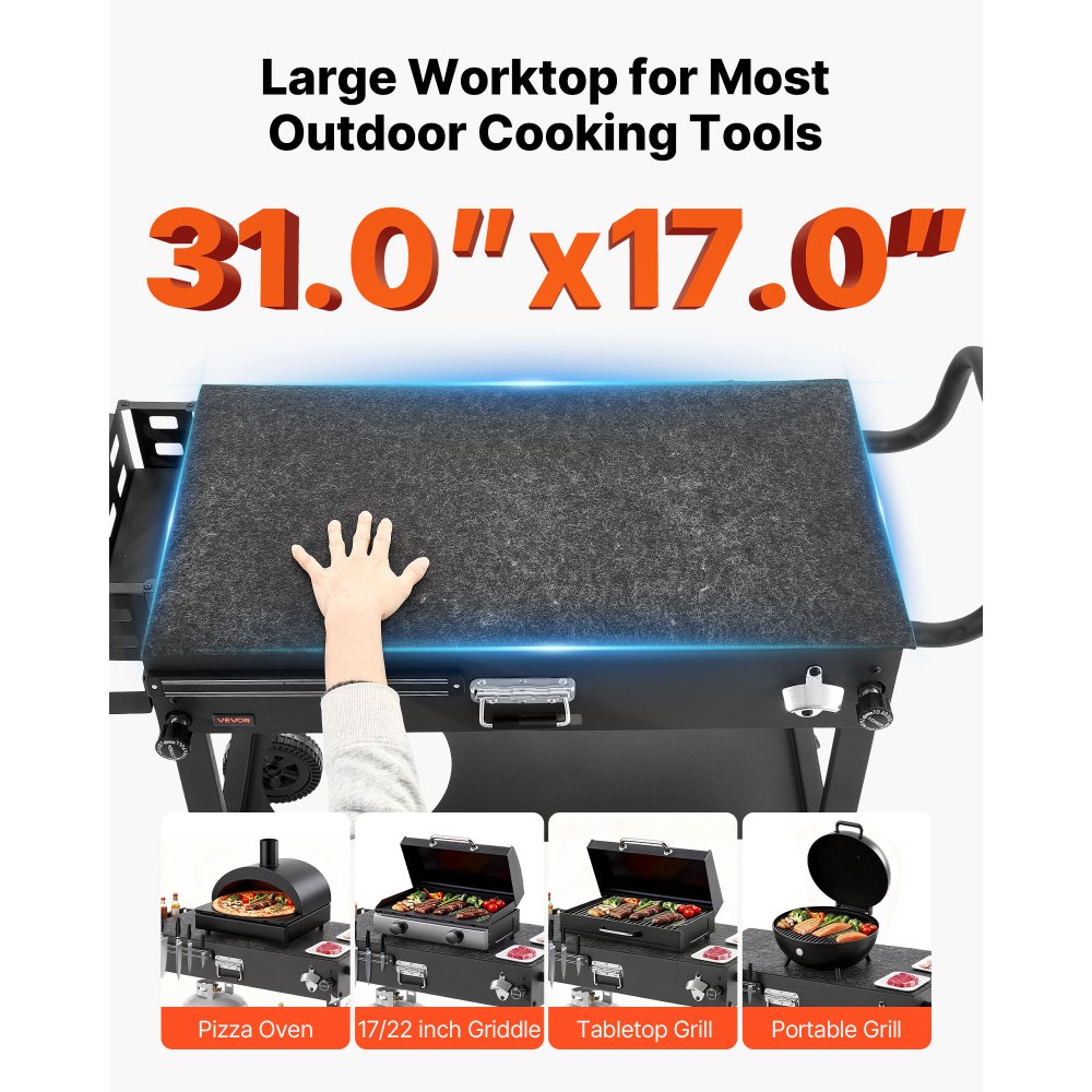 VEVOR Outdoor Grill Cart, 31.0 x 17.0 inch Tabletop Size Grilling Table, Foldable Outdoor Cooking Table with Tissue Holder, Wheels, Magnetic Tool Rack, BBQ Prep Tables for Picnic, Kitchen, Courtyard