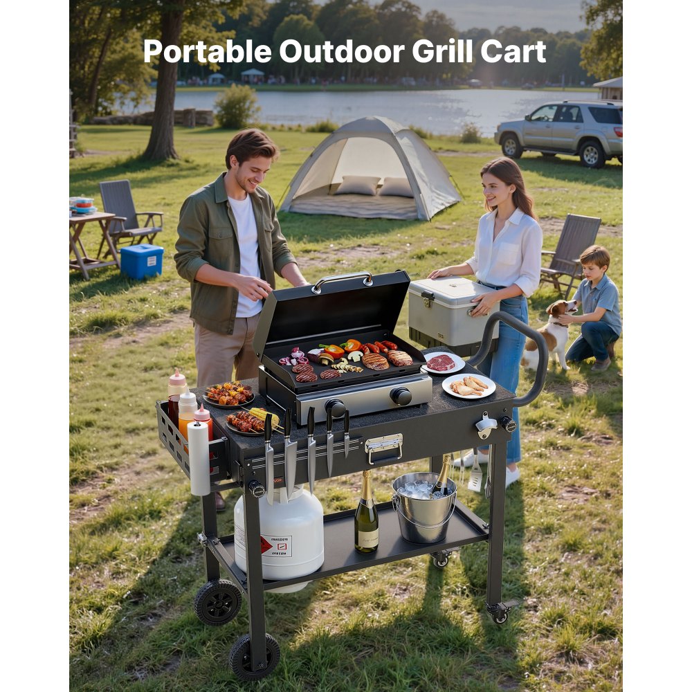 VEVOR Outdoor Grill Cart, 31.0 x 17.0 inch Tabletop Size Grilling Table, Foldable Outdoor Cooking Table with Tissue Holder, Wheels, Magnetic Tool Rack, BBQ Prep Tables for Picnic, Kitchen, Courtyard