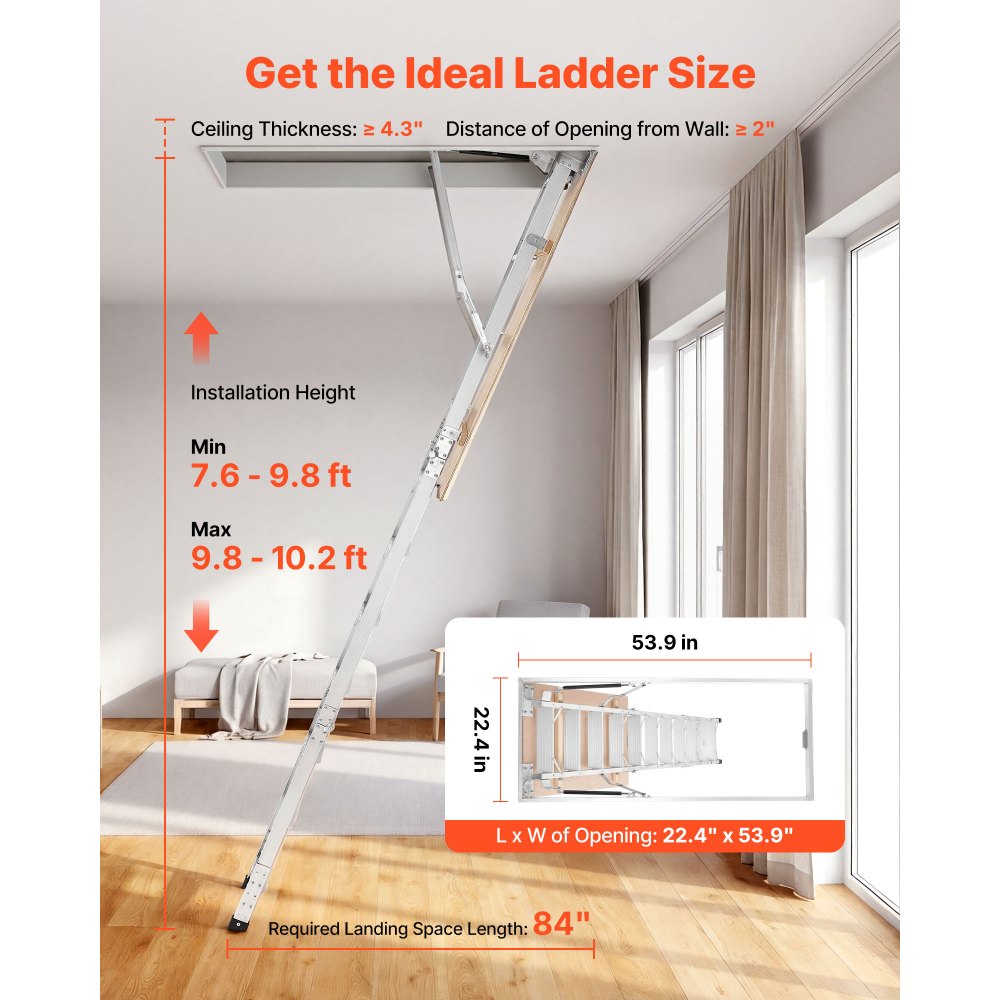 VEVOR Aluminum Attic Ladder, Fits 299-314 cm/233.5-299 cm Ceiling Height, 1372 x 572 mm Opening, 170 kg Load Capacity, Multi-Purpose Foldable Lightweight & Portable Attic Stairs for Convenient Access