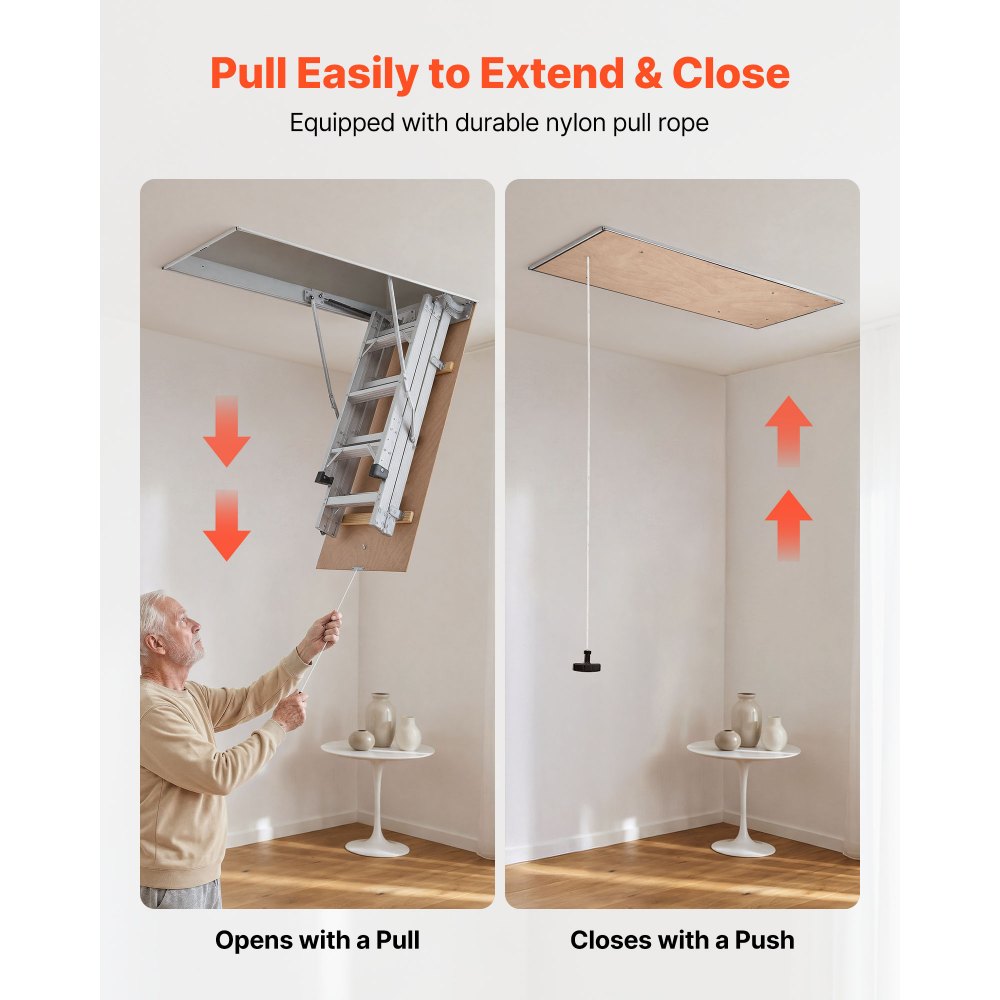 VEVOR Aluminum Attic Ladder, Fits 299-314 cm/233.5-299 cm Ceiling Height, 1372 x 572 mm Opening, 170 kg Load Capacity, Multi-Purpose Foldable Lightweight & Portable Attic Stairs for Convenient Access