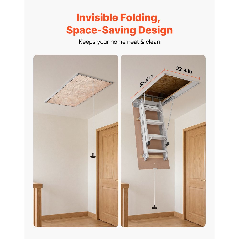 VEVOR Aluminum Attic Ladder, Fits 299-314 cm/233.5-299 cm Ceiling Height, 1372 x 572 mm Opening, 170 kg Load Capacity, Multi-Purpose Foldable Lightweight & Portable Attic Stairs for Convenient Access