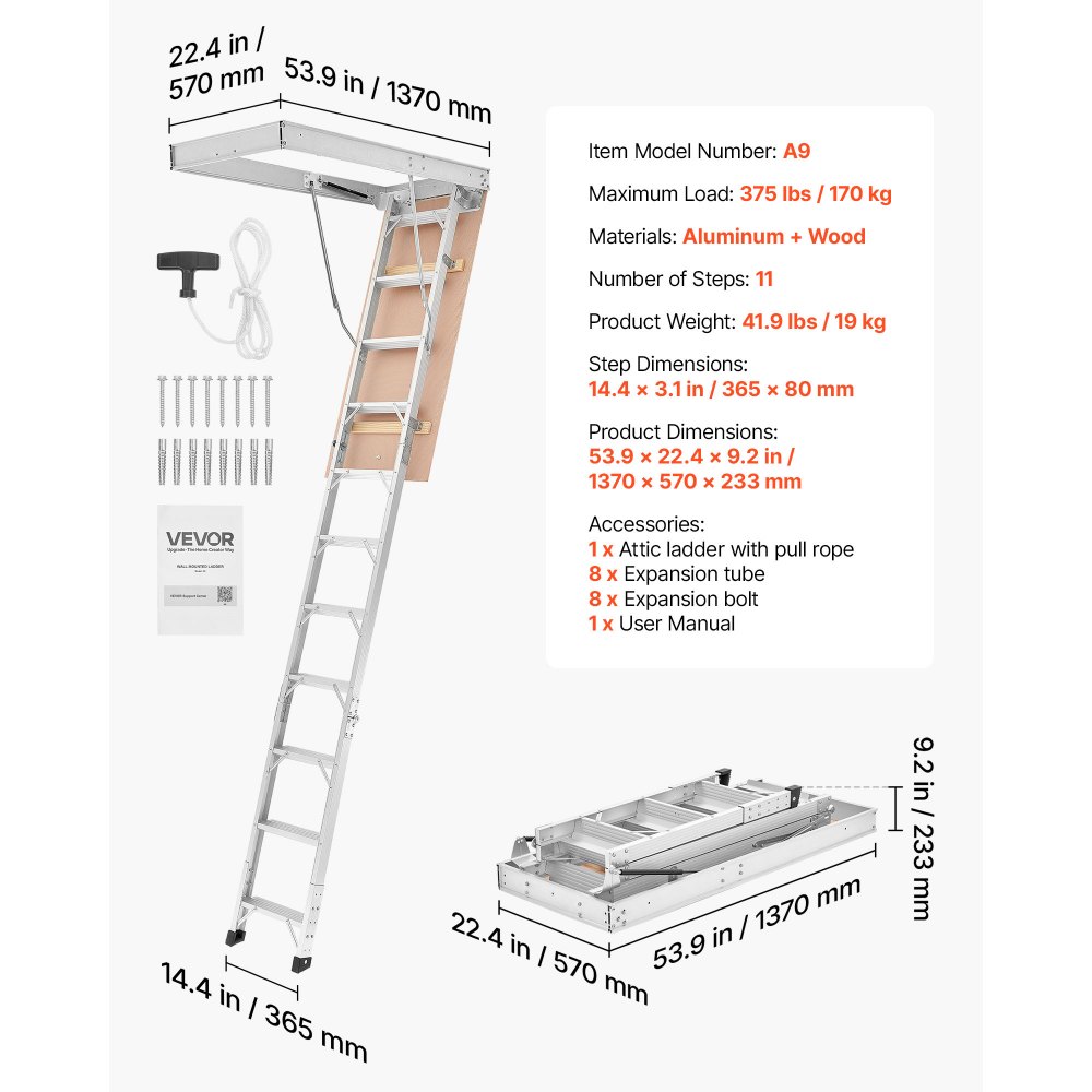 VEVOR Aluminum Attic Ladder, Fits 299-314 cm/233.5-299 cm Ceiling Height, 1372 x 572 mm Opening, 170 kg Load Capacity, Multi-Purpose Foldable Lightweight & Portable Attic Stairs for Convenient Access
