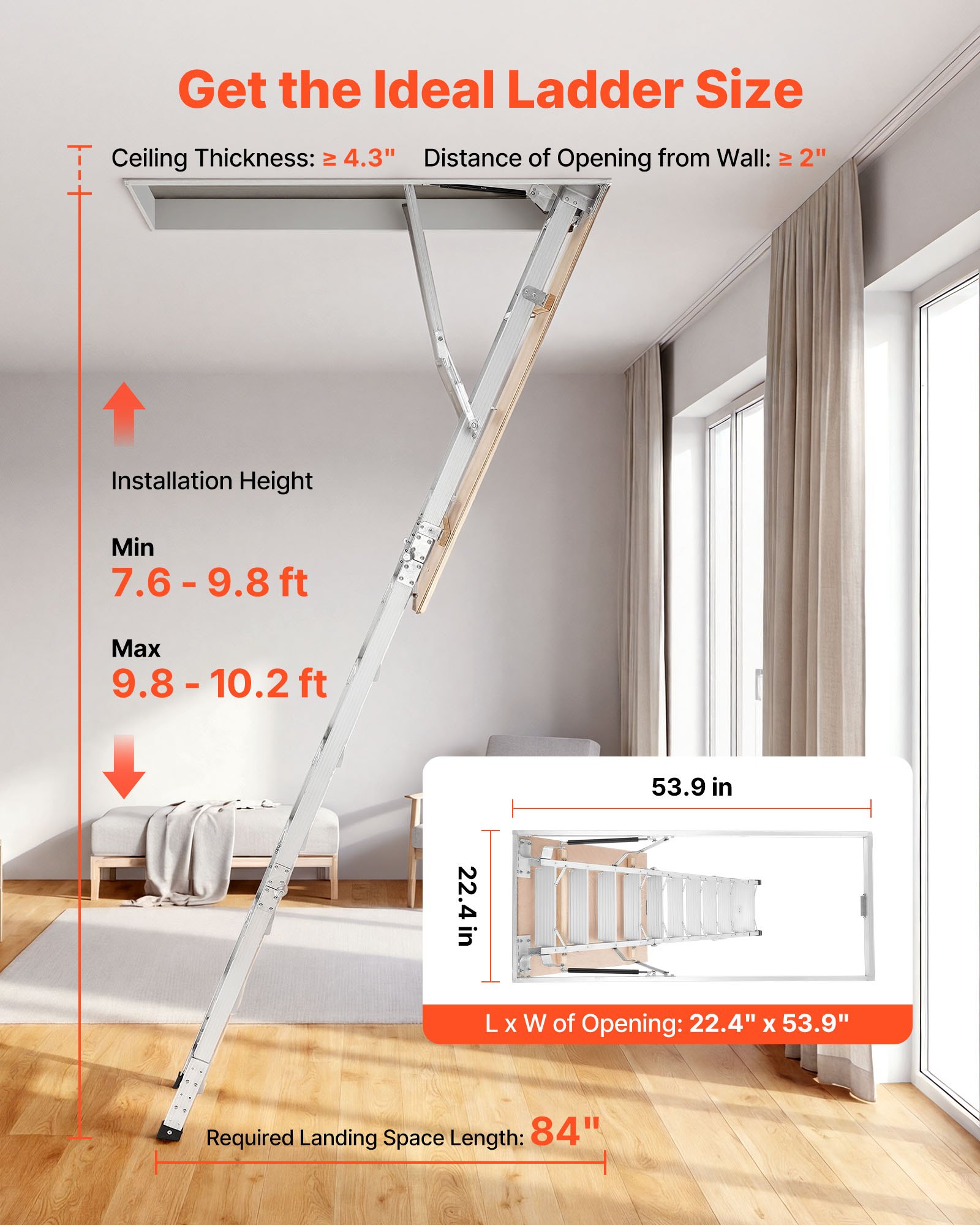 VEVOR Aluminum Attic Ladder, Fits 299-314 cm/233.5-299 cm Ceiling Height, 1372 x 572 mm Opening, 170 kg Load Capacity, Multi-Purpose Foldable Lightweight & Portable Attic Stairs for Convenient Access