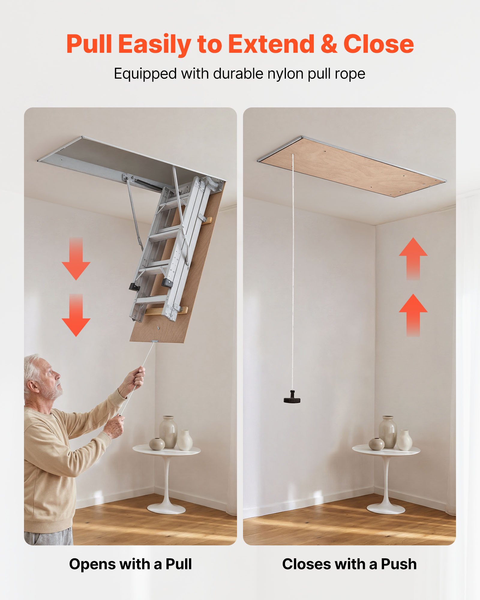 VEVOR Aluminum Attic Ladder, Fits 299-314 cm/233.5-299 cm Ceiling Height, 1372 x 572 mm Opening, 170 kg Load Capacity, Multi-Purpose Foldable Lightweight & Portable Attic Stairs for Convenient Access