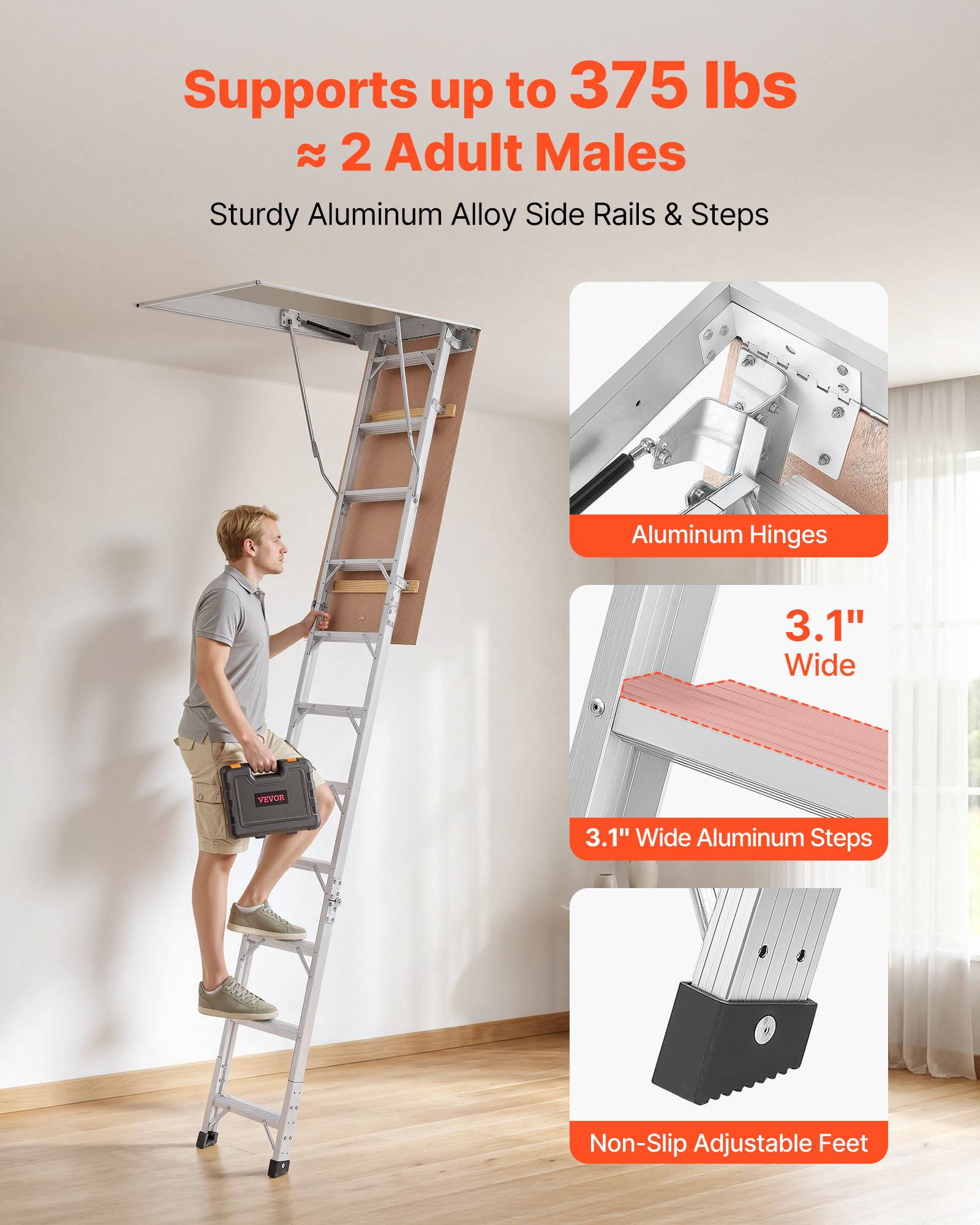 VEVOR Aluminum Attic Ladder, Fits 299-314 cm/233.5-299 cm Ceiling Height, 1372 x 572 mm Opening, 170 kg Load Capacity, Multi-Purpose Foldable Lightweight & Portable Attic Stairs for Convenient Access