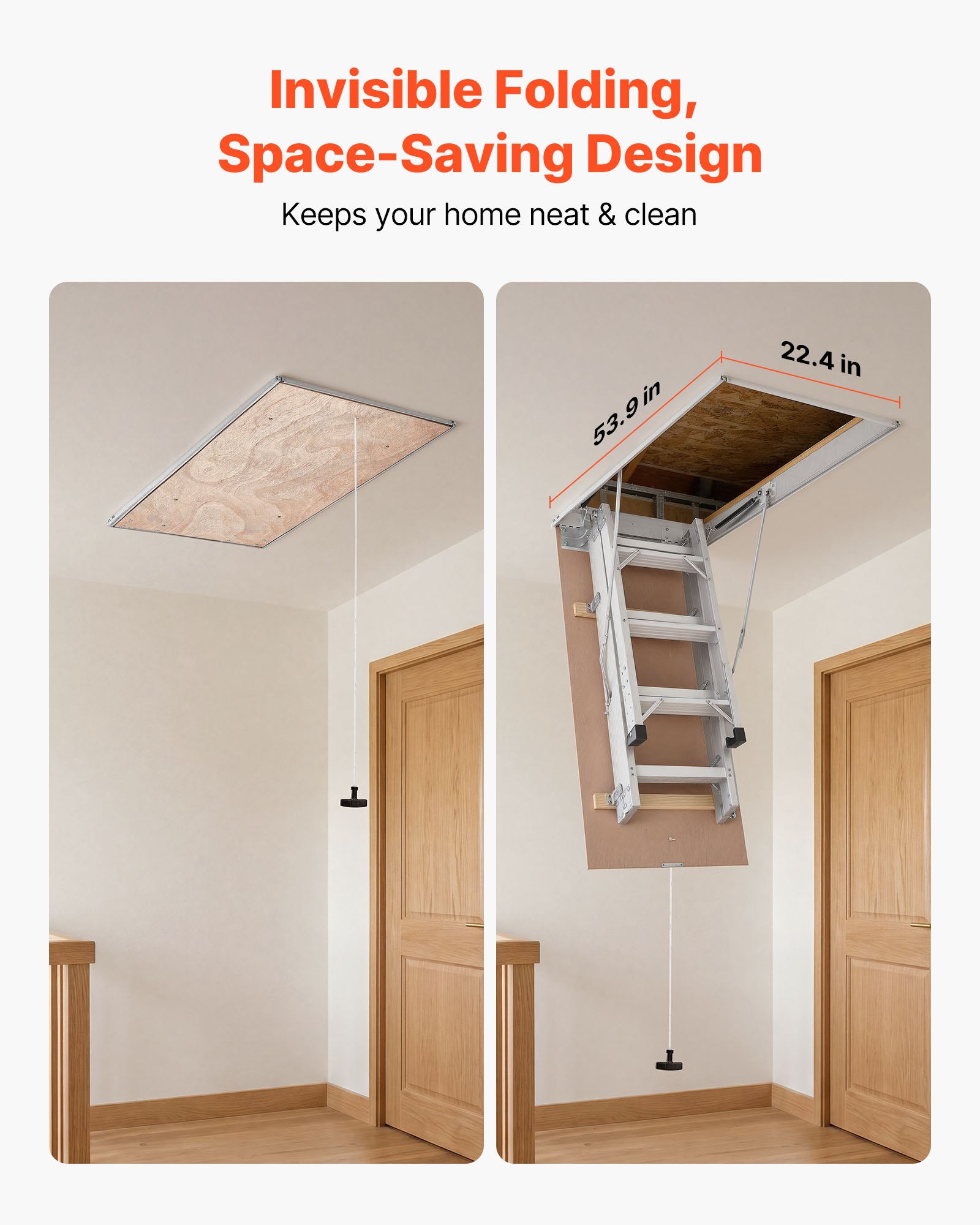 VEVOR Aluminum Attic Ladder, Fits 299-314 cm/233.5-299 cm Ceiling Height, 1372 x 572 mm Opening, 170 kg Load Capacity, Multi-Purpose Foldable Lightweight & Portable Attic Stairs for Convenient Access