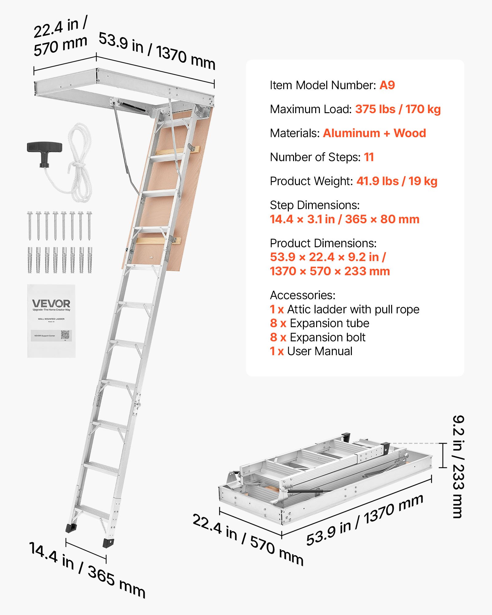 VEVOR Aluminum Attic Ladder, Fits 299-314 cm/233.5-299 cm Ceiling Height, 1372 x 572 mm Opening, 170 kg Load Capacity, Multi-Purpose Foldable Lightweight & Portable Attic Stairs for Convenient Access