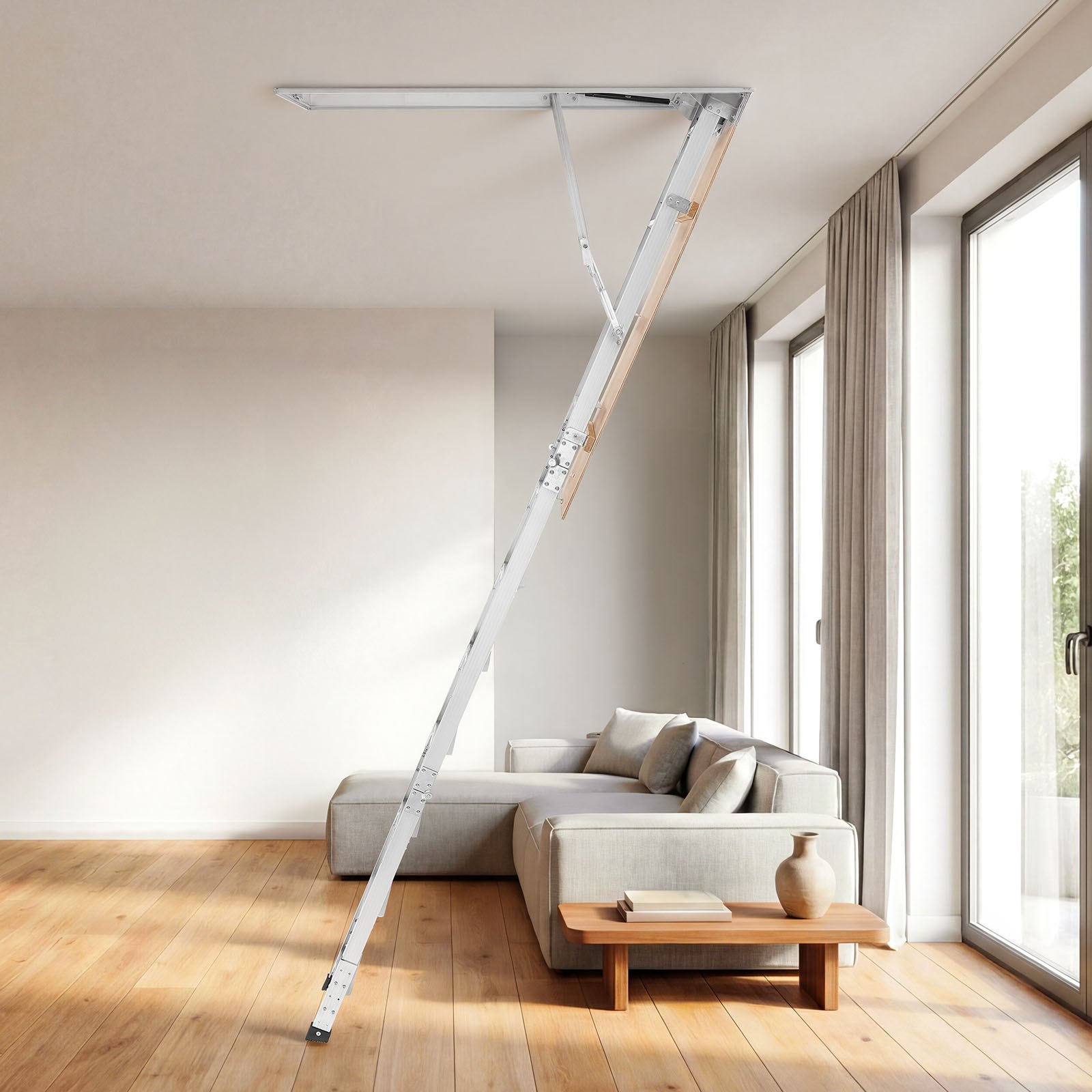 VEVOR Aluminum Attic Ladder, Fits 299-314 cm/233.5-299 cm Ceiling Height, 1372 x 572 mm Opening, 170 kg Load Capacity, Multi-Purpose Foldable Lightweight & Portable Attic Stairs for Convenient Access