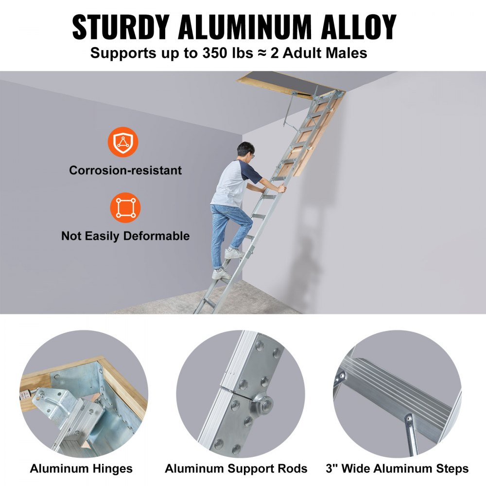 man climbing a sturdy aluminum VEVOR attic ladder supporting up to 350 lbs with corrosion-resistant features.