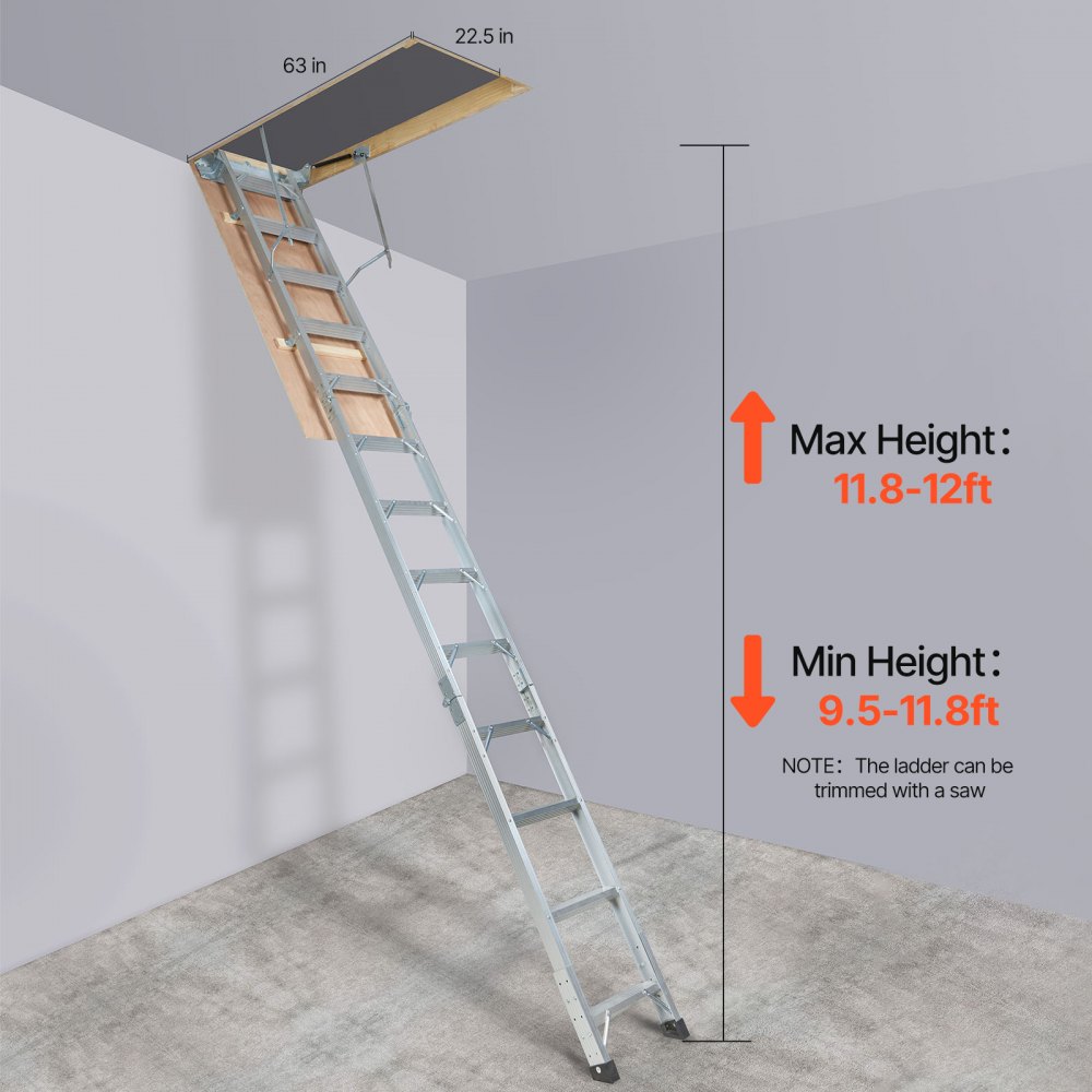 folding aluminum VEVOR attic ladder extended from a ceiling hatch in a minimalist interior.
