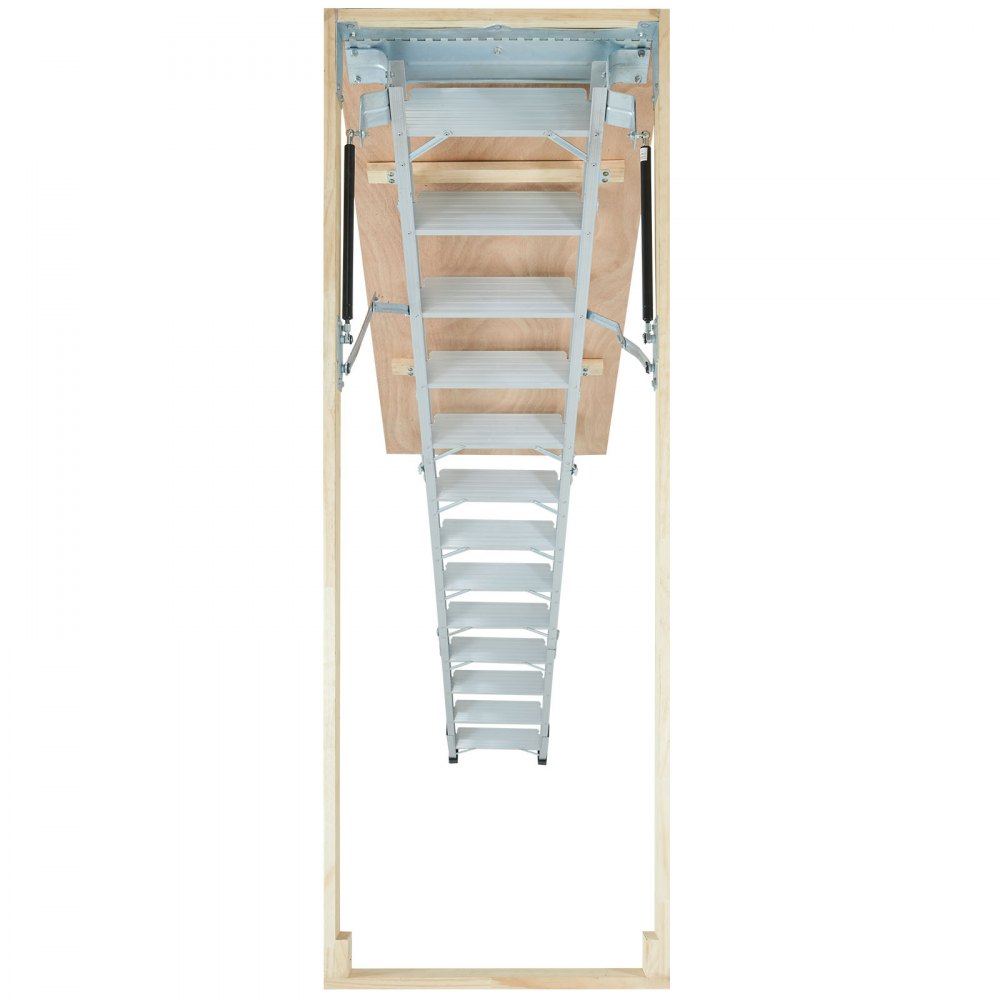 VEVOR attic ladder fully extended, with metal steps and wooden panel, ideal for residential use.