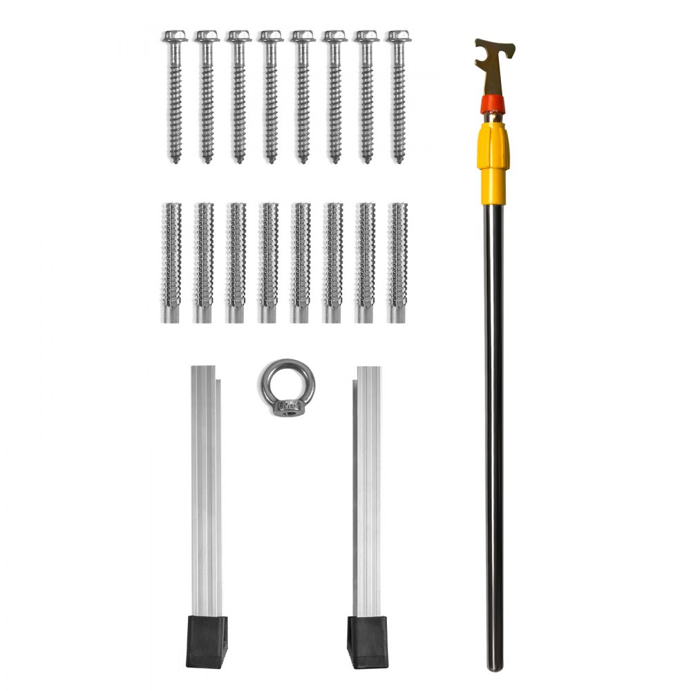 installation kit components for VEVOR attic ladder, including screws, anchors, pole, ring, and brackets.