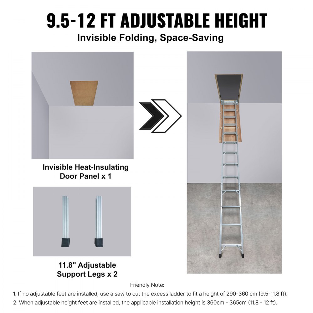 VEVOR Attic Ladder Foldable, 158.8 kg Capacity, 57.15 cm x 160 cm, Multi-Purpose Aluminium Extension, Lightweight and Portable, Fits 2.9m-3.7m Ceiling Heights, Convenient Access to Your Attic Standard