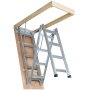 VEVOR attic ladder installation with metal frame and wooden base, extended down from an attic opening.