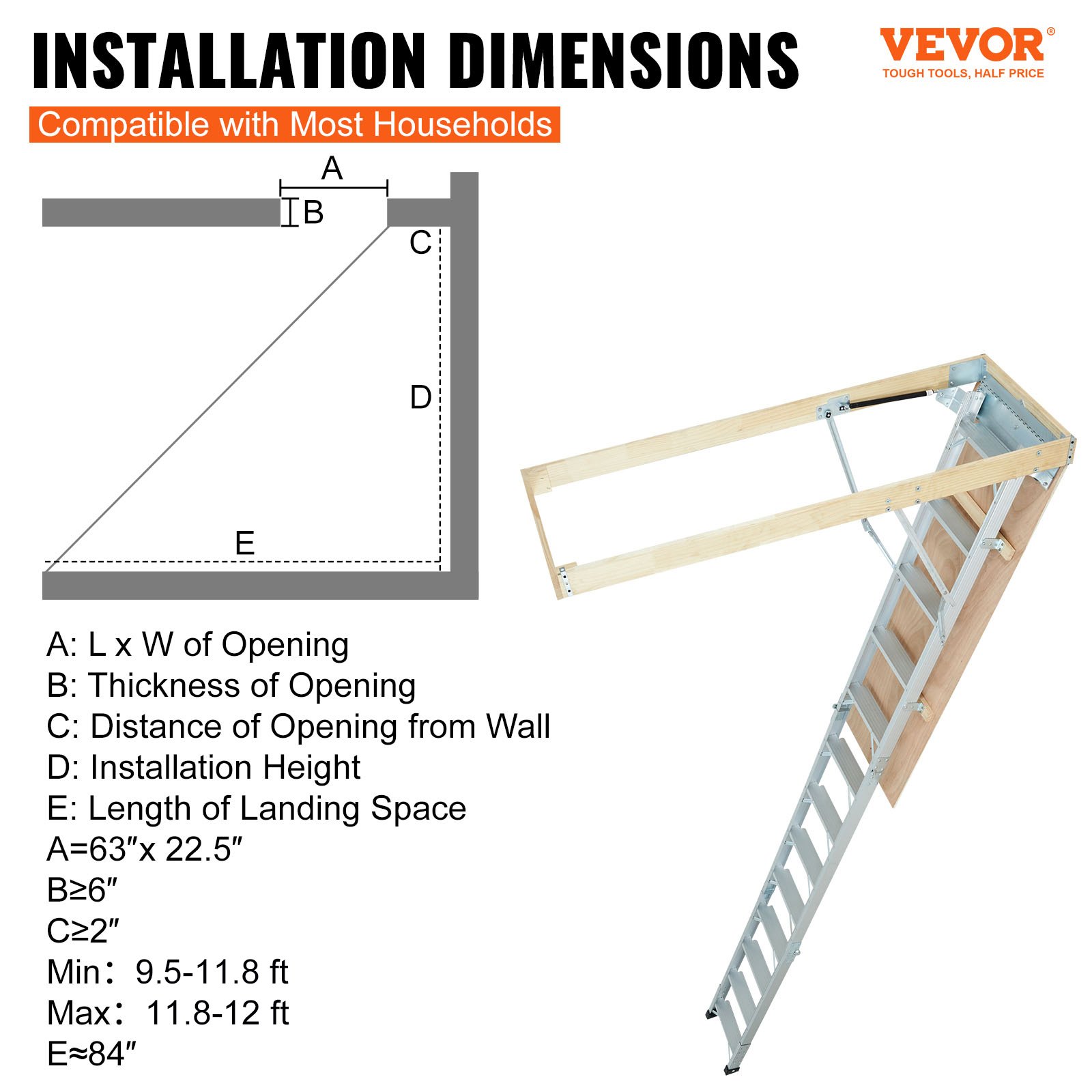 VEVOR attic ladder installation dimensions, compatible with most households. detailed size specifications included.