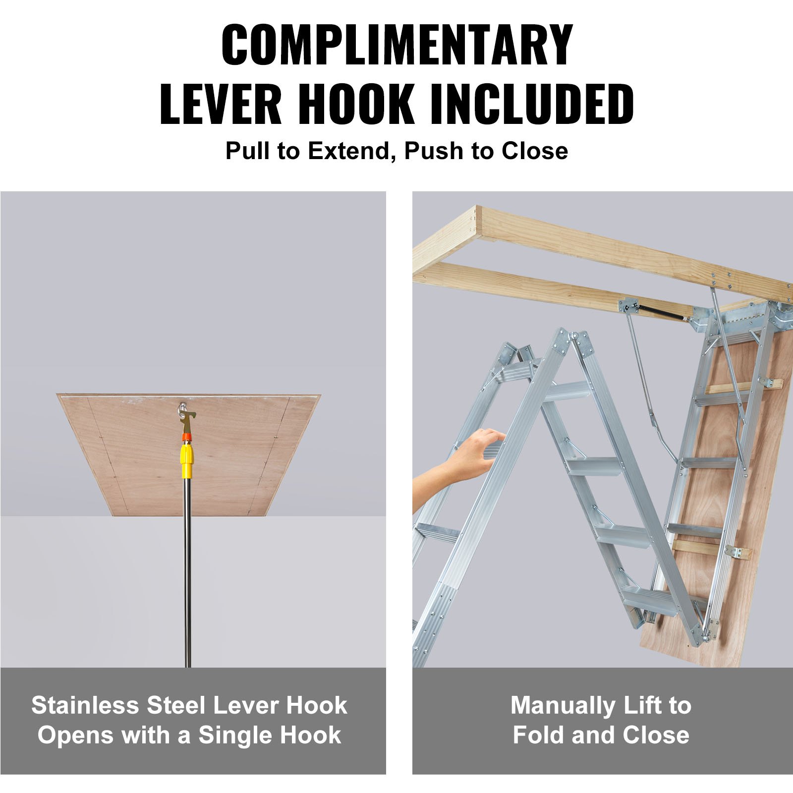 VEVOR attic ladder with lever hook, stainless steel hook for easy opening, manual lift for folding.