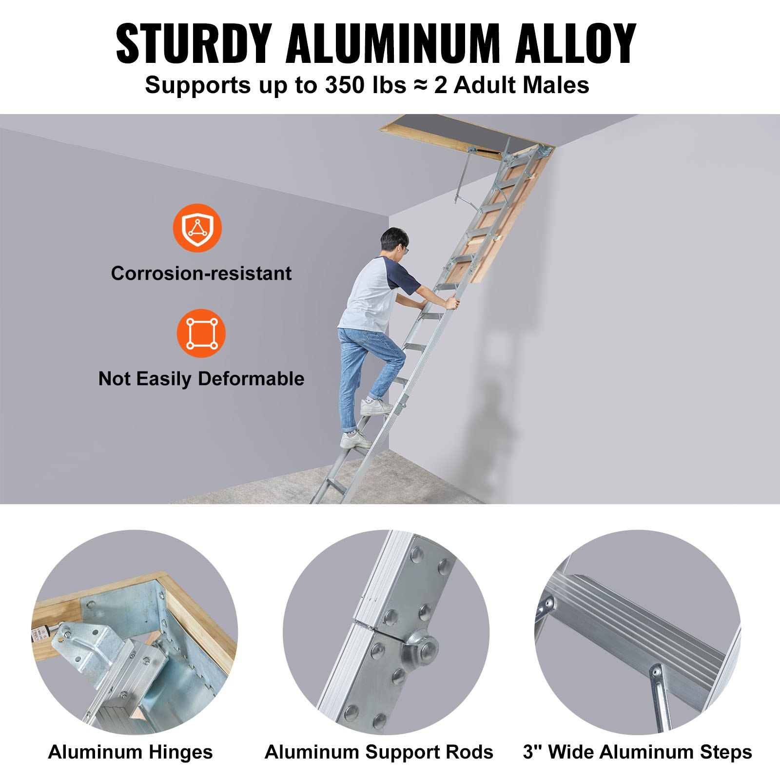 man climbing a sturdy aluminum VEVOR attic ladder supporting up to 350 lbs with corrosion-resistant features.