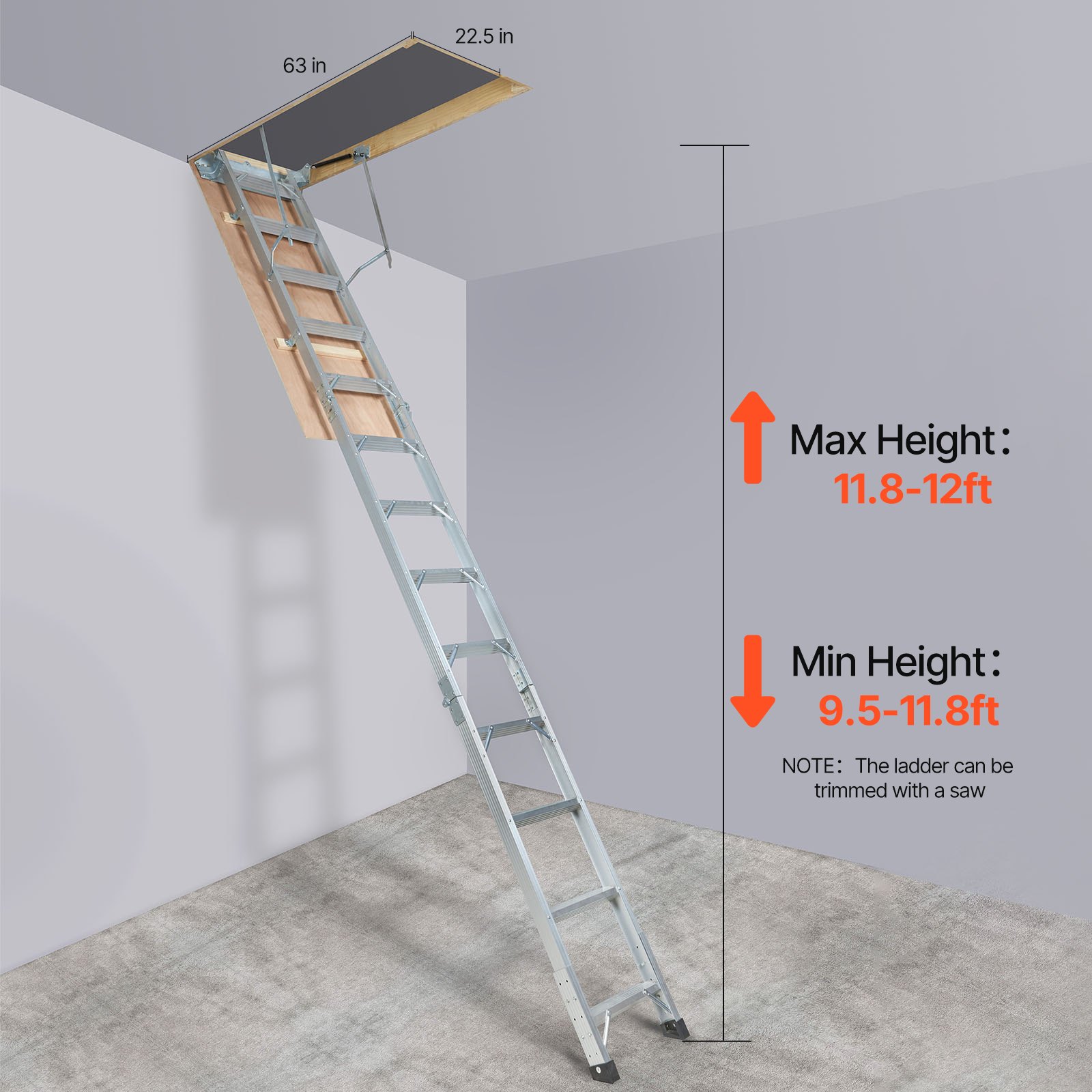 folding aluminum VEVOR attic ladder extended from a ceiling hatch in a minimalist interior.