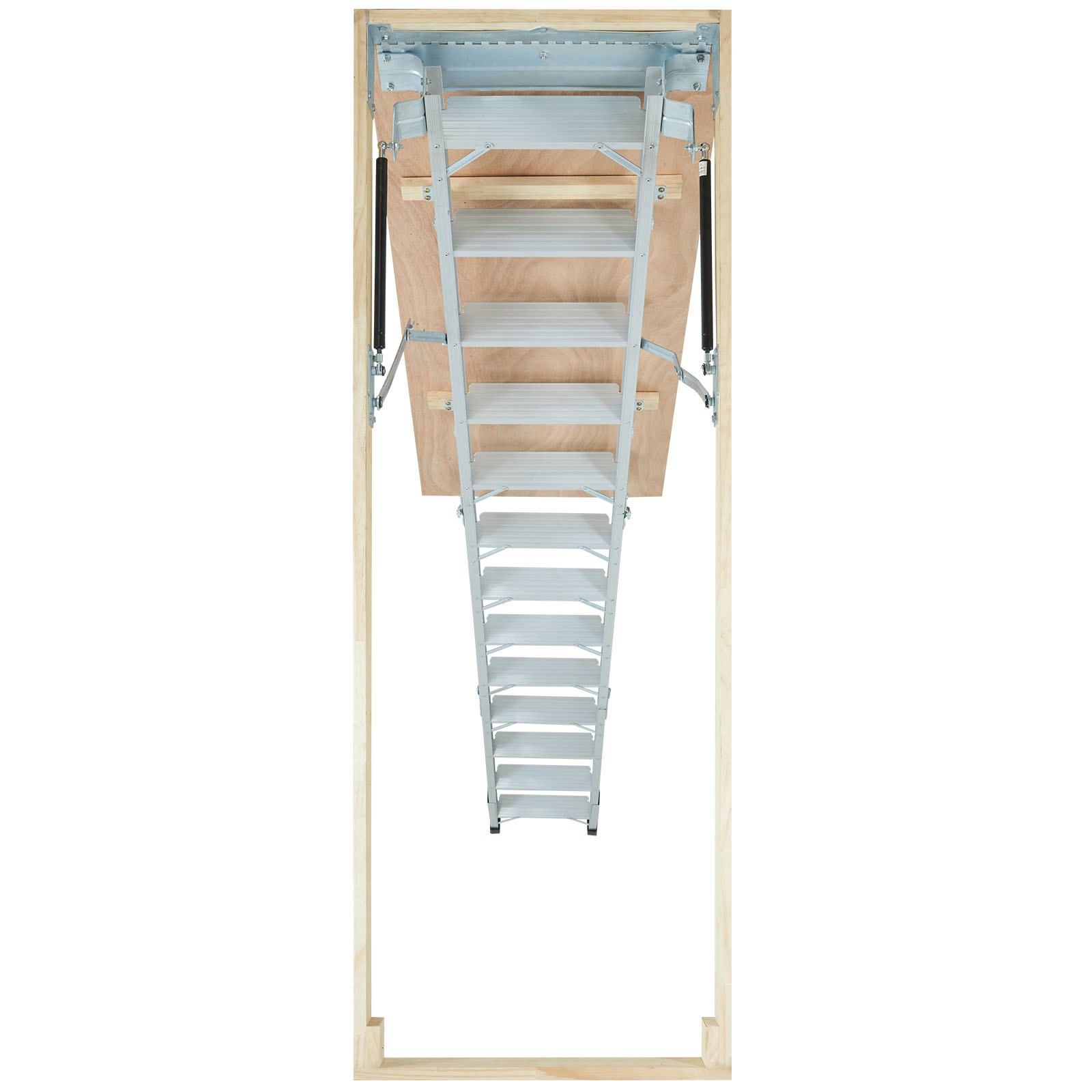 VEVOR attic ladder fully extended, with metal steps and wooden panel, ideal for residential use.