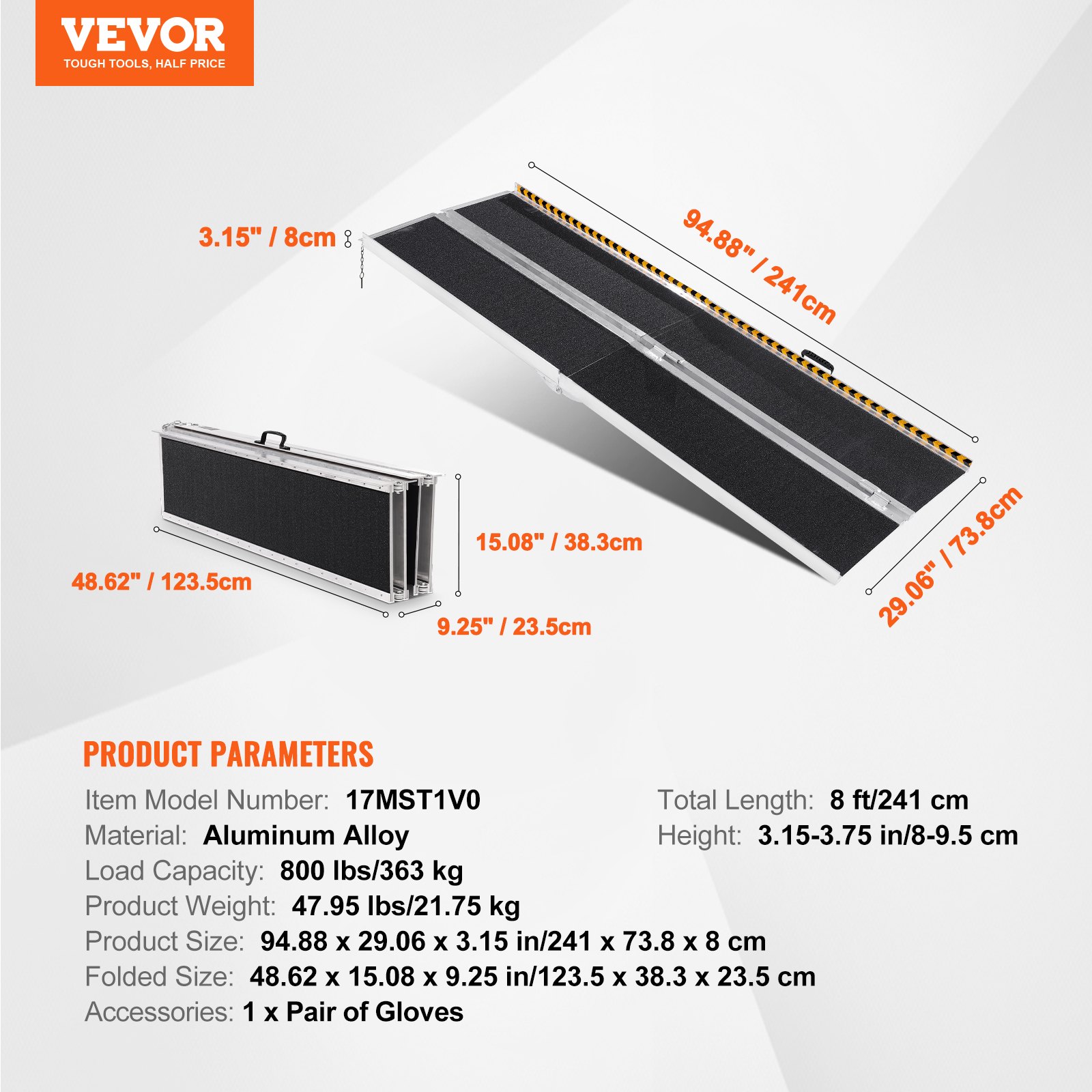 VEVOR Portable Wheelchair Ramp, 8 ft 800 lbs Capacity, Non-Slip Aluminum Folding Threshold Ramp, Foldable Mobility Scooter Ramp Wheel Chair Ramp, Handicap Ramp for Home Steps, Stairs, Doorways, Curbs