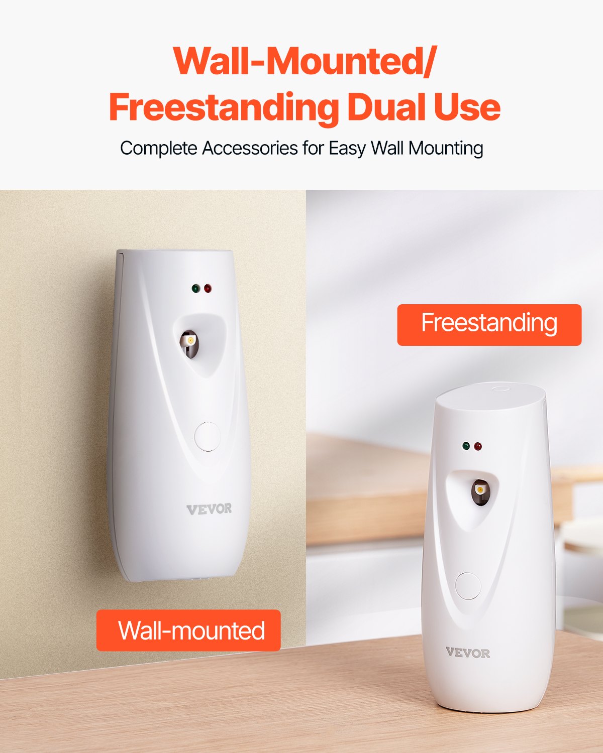 VEVOR Automatic Air Freshener Spray Dispenser, 4-Pack, Wall Mounted or Free Standing, Battery Operated, Multiple Time Settings for Home, Indoor, Bathrooms, Offices, Hotels, Commercial Places, White