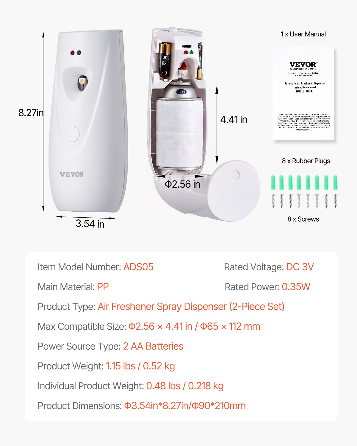 VEVOR Automatic Air Freshener Spray Dispenser, 4-Pack, Wall Mounted or Free Standing, Battery Operated, Multiple Time Settings for Home, Indoor, Bathrooms, Offices, Hotels, Commercial Places, White