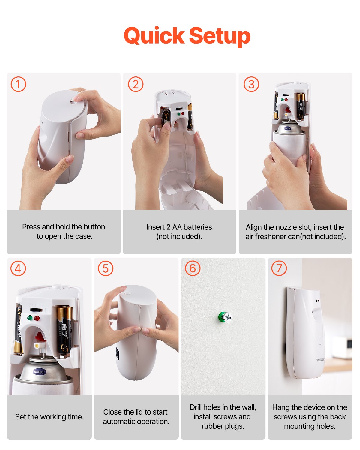VEVOR Automatic Air Freshener Spray Dispenser, 2-Pack, Wall Mounted or Free Standing, Battery Operated, Multiple Time Settings for Home, Indoor, Bathrooms, Offices, Hotels, Commercial Places, White