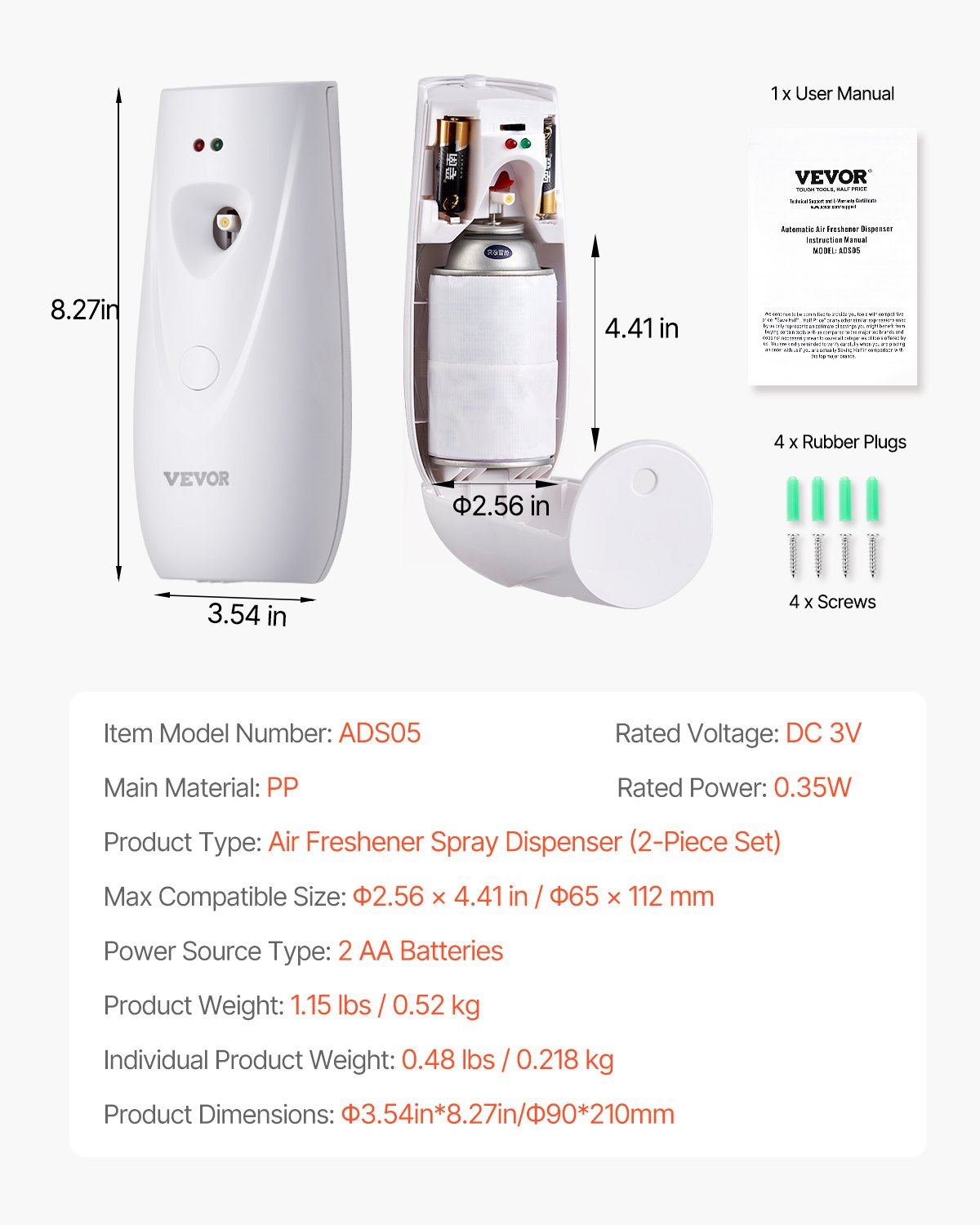 VEVOR Automatic Air Freshener Spray Dispenser, 2-Pack, Wall Mounted or Free Standing, Battery Operated, Multiple Time Settings for Home, Indoor, Bathrooms, Offices, Hotels, Commercial Places, White