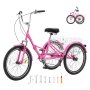 VEVOR Folding Adult Tricycle, 24-Inch 7-Speed Adult Folding Trikes, Carbon Steel 3 Wheel Cruiser Bike with Basket & Adjustable Seat, Shopping Picnic Foldable Tricycles for Women, Men, Seniors (Pink)