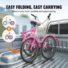 VEVOR Folding Adult Tricycle, 24-Inch 7-Speed Adult Folding Trikes, Carbon Steel 3 Wheel Cruiser Bike with Basket & Adjustable Seat, Shopping Picnic Foldable Tricycles for Women, Men, Seniors (Pink)