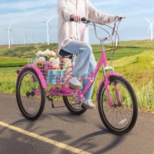 VEVOR Triciclo plegable para adultos, triciclos plegables para adultos de 24 pulgadas y 7 velocidades, bicicleta de crucero de 3 ruedas de acero al carbono con cesta y asiento ajustable, triciclos plegables para compras de picnic para mujeres, hombres, personas mayores (rosa)