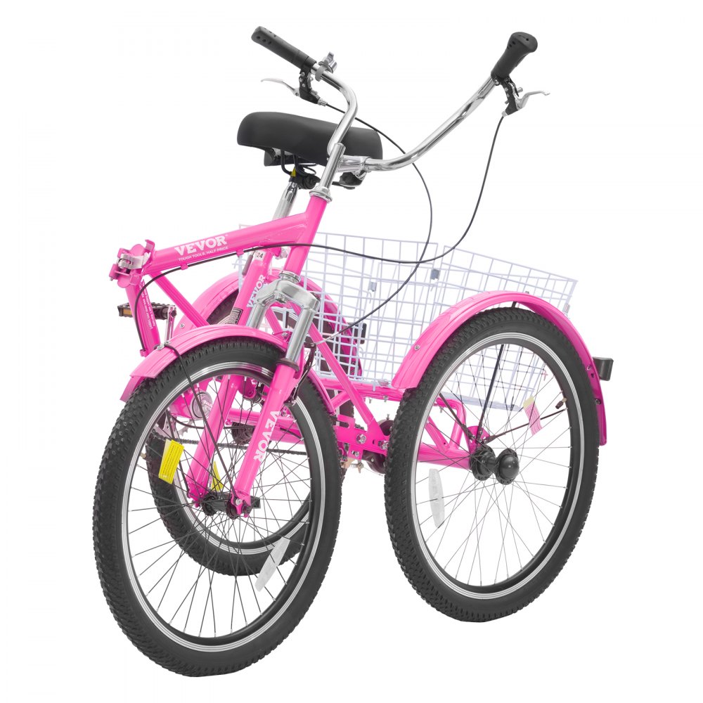 VEVOR Folding Adult Tricycle, 26-Inch Adult Folding Trikes, Carbon Steel 3 Wheel Cruiser Bike with Large Basket & Adjustable Seat, Shopping Picnic Foldable Tricycles for Women, Men, Seniors (Pink)