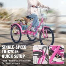 VEVOR Triciclo plegable para adultos, triciclos plegables para adultos de 26 pulgadas, bicicleta de crucero de 3 ruedas de acero al carbono con cesta grande y asiento ajustable, triciclos plegables para picnic de compras para mujeres, hombres, personas mayores (rosa)